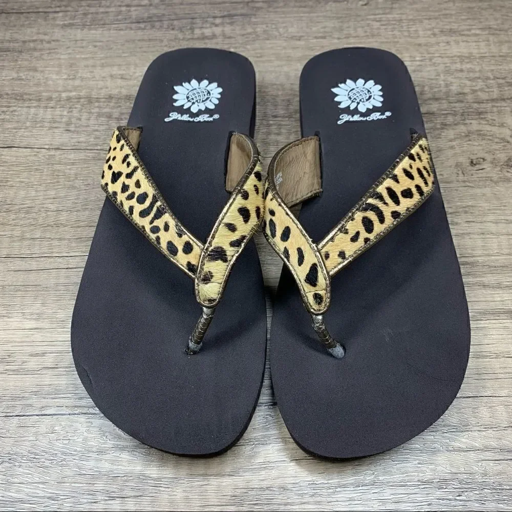 Yellow Box Flip Flops Sz 6.5~Leopard Print Furry Straps Leather "Burst"‎ - Picture 3 of 11